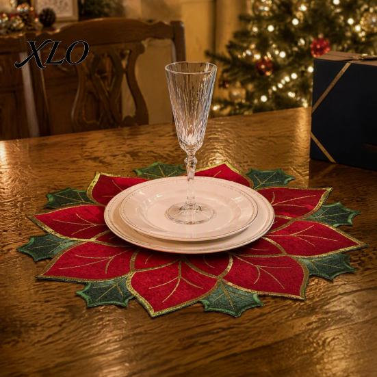 Christmas Party Table Settings Floral Leaf Placemat for Dining Table, Decorative Polyester Fabric Placemats Mats with Festive Leaves Design Home Decor