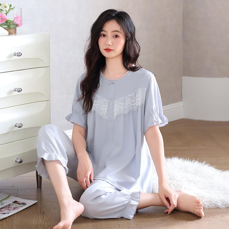 Pure Cotton Pajamas Women's Summer Short-sleeved Eight-point Pants Thin Summer Women's 1011 New High-end Summer Loungewear