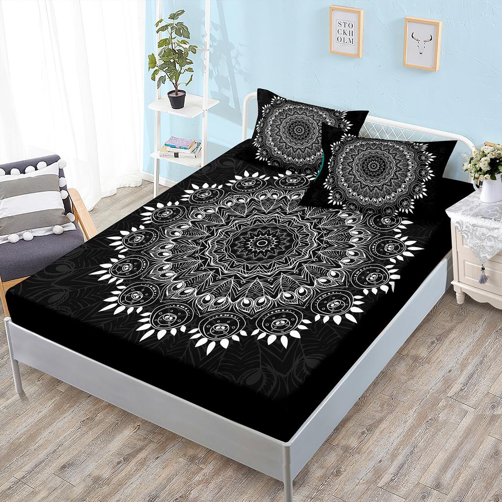 Three-Piece Mattress Cover, Black Bohemian Mattress Protective Cover.