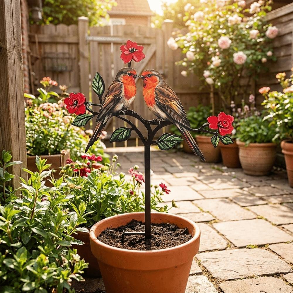 2D Flat Red Bird Garden Stake Iron Handmade Flower Branch Ground Plug Animals Pattern Funny Outdoor Yard Art Yard Ornament