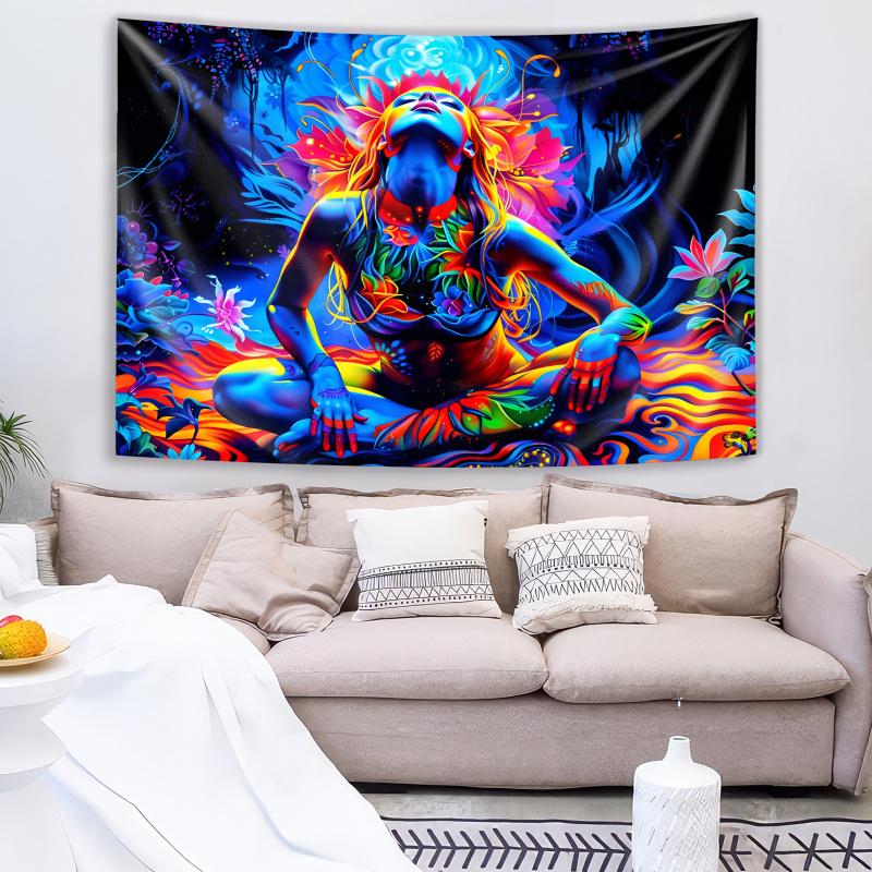 VIKAMA Meditating Goddess Boho Tapestry Colorful Hair Aesthetic Wall Art For Living Room Bedroom Entryway Decor