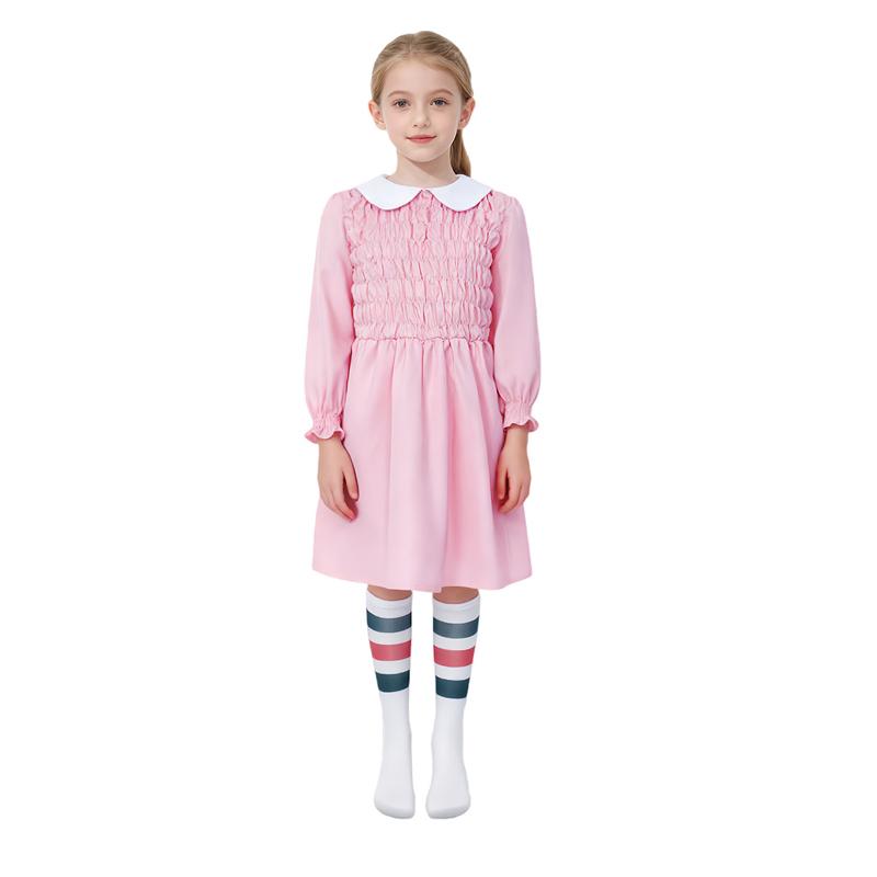 Monster Story Cosplay Costume Little Eleven Pink Sleeved Ruffled Collar Dress Halloween Carnival Themed Party Cosplay Costume