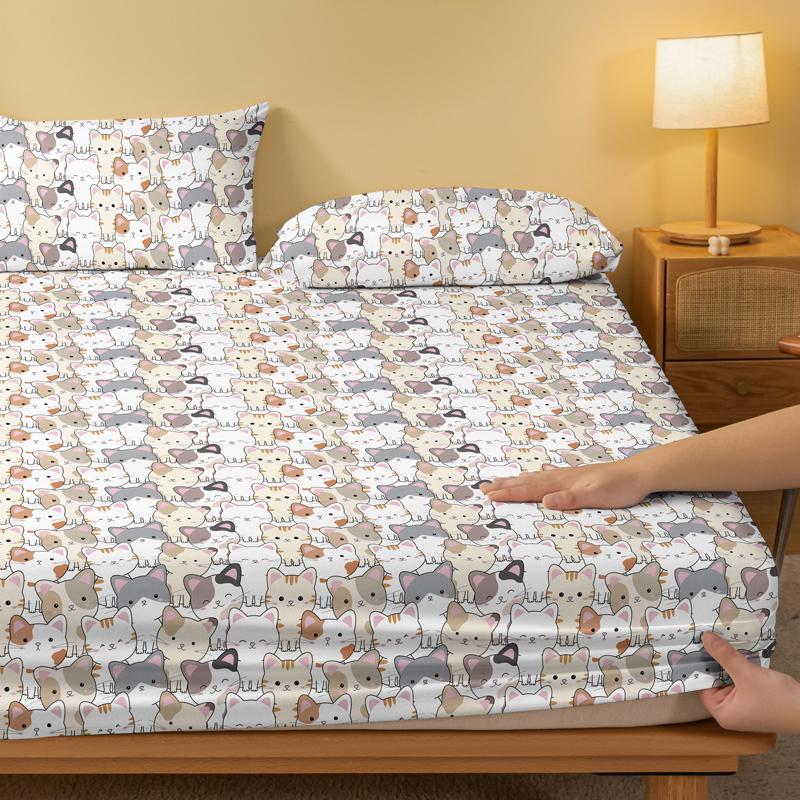 1 Cartoon Fun Animal Printed Matte Fitted Sheet, Bedroom Printed Bed Cover, Bedding (Excluding Pillowcases)