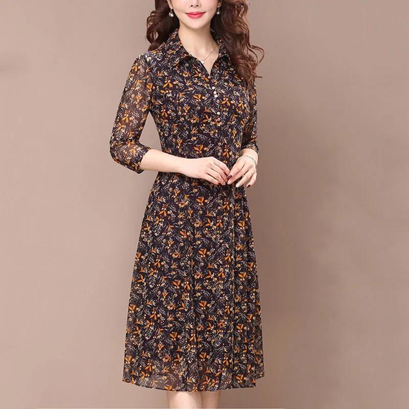Women's Summer Stretchy Floral Dresses Middle-aged Mom Button Printed Seven Sleeve Dresses