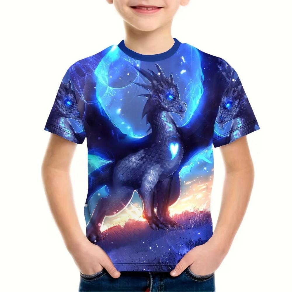 Dětské tričko 3D Dragon Graphic Trička Dětské topy Tričko s kulatým výstřihem Kreslené tričko Tričko s krátkým rukávem pro chlapce