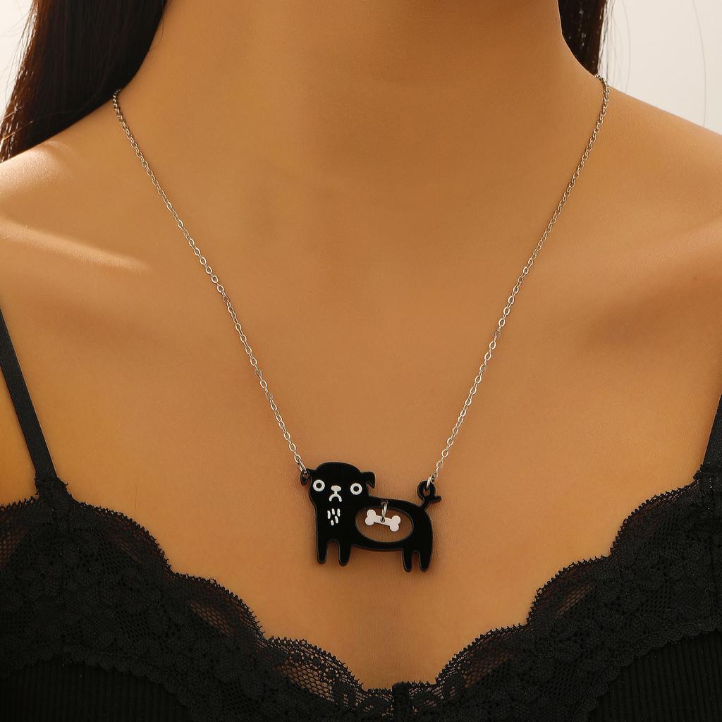 Cute Black Cat Fish Bone Pendant Necklace - Creative Cartoon Animal Charm Fashion Jewelry