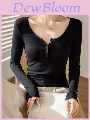 Tricou Femei Mânecă Lungă Croială Slim Bumbac Pur Material Nervurat Pentru Stil Toamnă Iarnă
