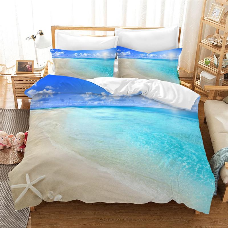 Strand Seestern Bettbezug Mikrofaser Blau Meerestier Bettwäsche-Set Muscheln Seestern-Druck Bettdeckenbezug Einzel- King-Size