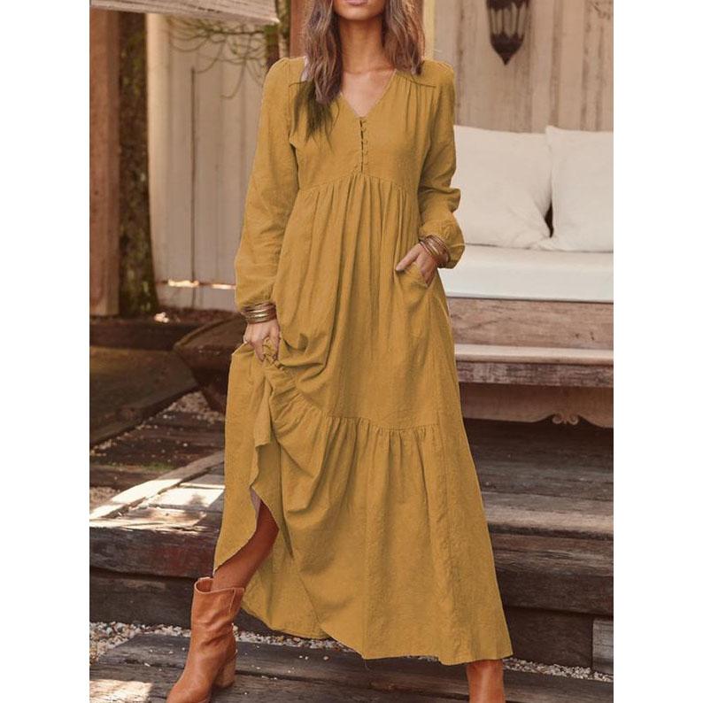 Jurken voor Dames Lange Jurk Losse Mode V-Hals Casual Effen Lange Mouw A-lijn Sexy Jurken Elegante Ruches Vestido