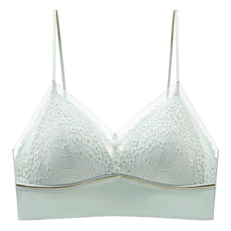 Sexy French Triangle Cup Lace Bralette, Thin Push Up Back Smoothing Side Gathering Seamless Strap Wireless Bra