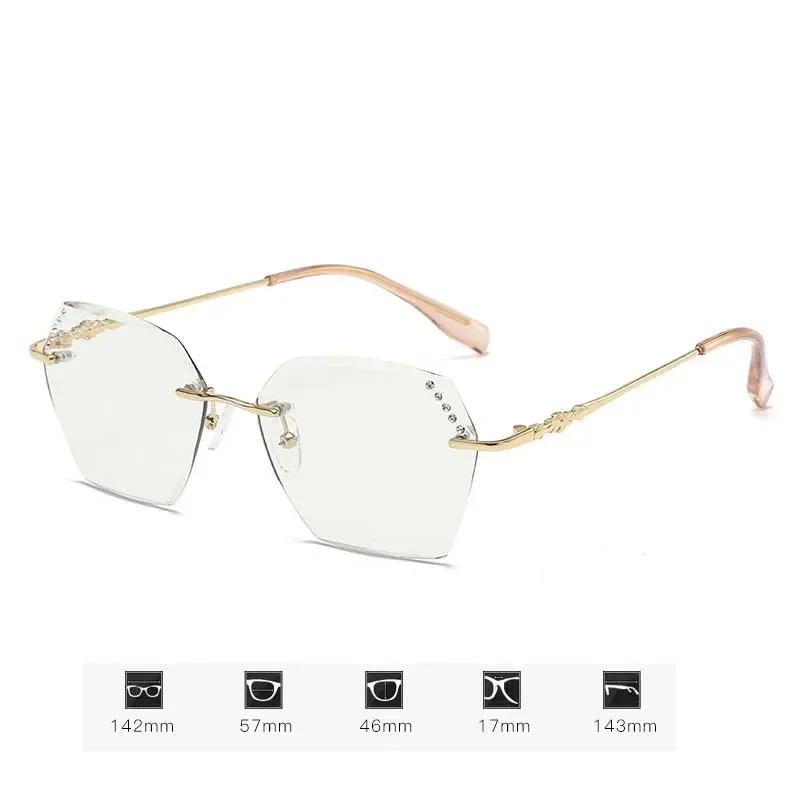 Ladies Diamond Cutting Color Changing Myopia Glasses Luxury Rimless Square Near Sight Eyewear Finished Pochromic Sunglasses