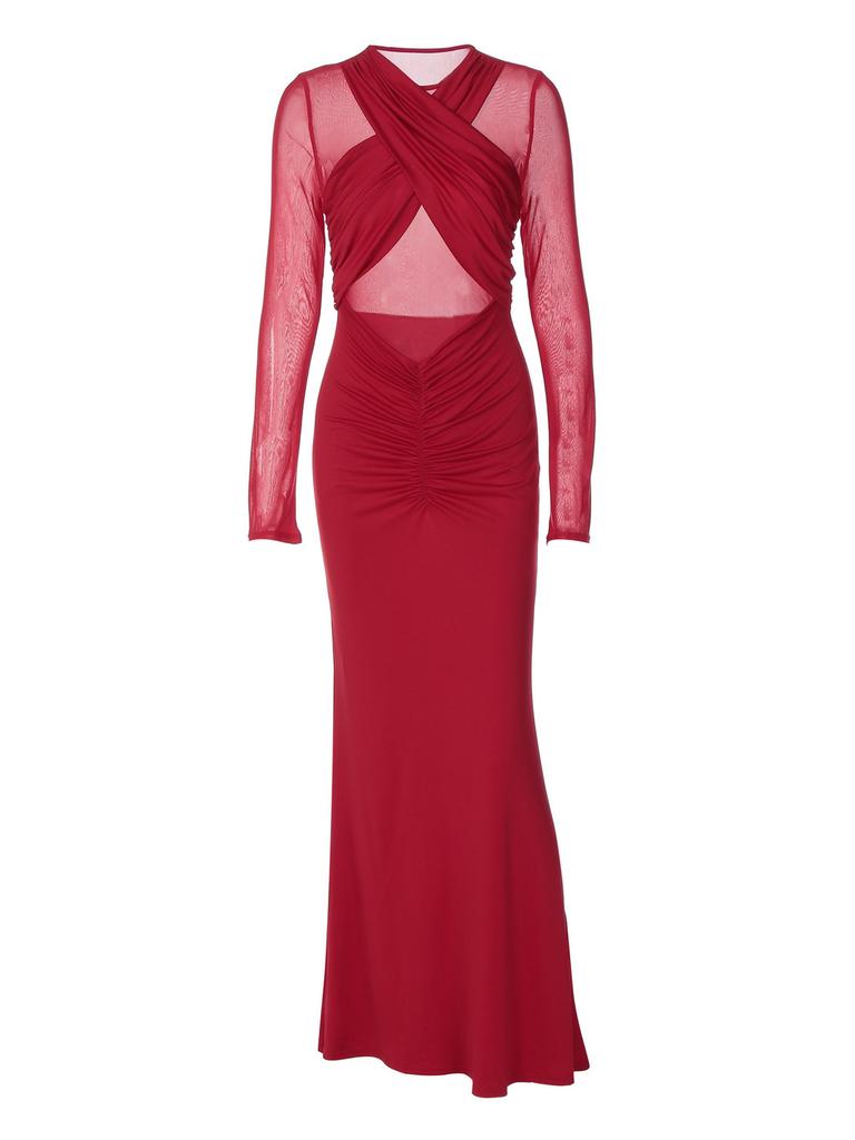 Long Sleeve Solid Color Sheer Mesh Bodycon Dress For Winter Party And Night Out