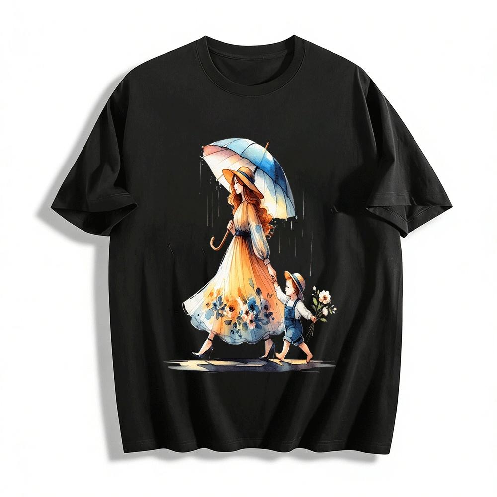 Warm Parent-child Rainy Walk Print Casual Top Pure Cotton T-shirt