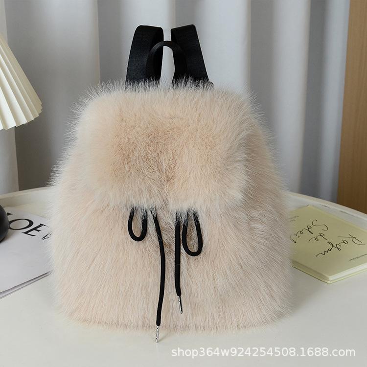 Y2k Plush Backpack Women Small Cute Drawstring Leopard Fluffy Bag Solid Soft Fleece Knapsack Winter Warm Faux Fur Mini Backpack
