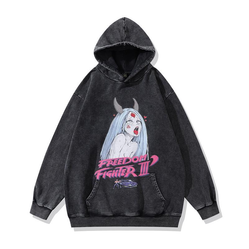 Trendy Men'S Hooded Sweatshirt Street Retro Japanese Anime Print Washed Hoodie Men'S And Women'S Trends
