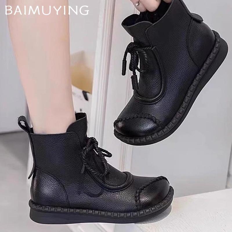 Γυναικείες φλατ Μποτάκια Δερμάτινα Lace Up Σχεδιαστικά Casual Παπούτσια Κλασικά παπούτσια Oxford Trend Winter New Cozy Botas De Mujer