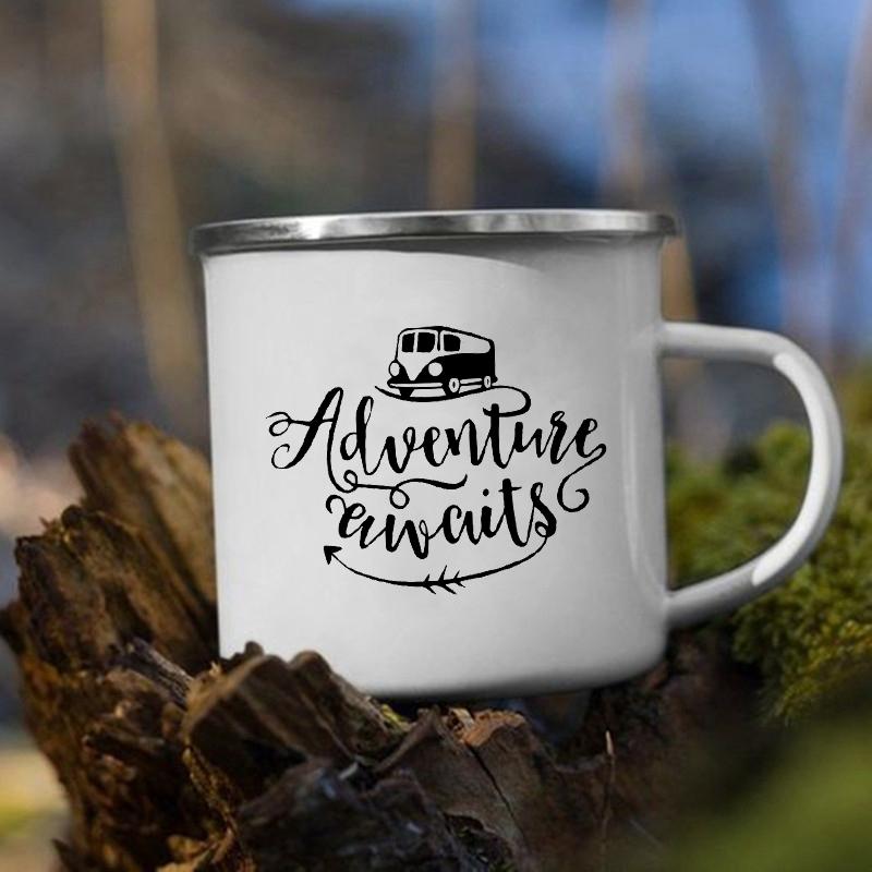 Enamel Camping Cups Adventure Awaits Camping Mugs Happy Campers Campfire Cup Outdoor Campervan Coffee Handle Mug Camper Van Gift