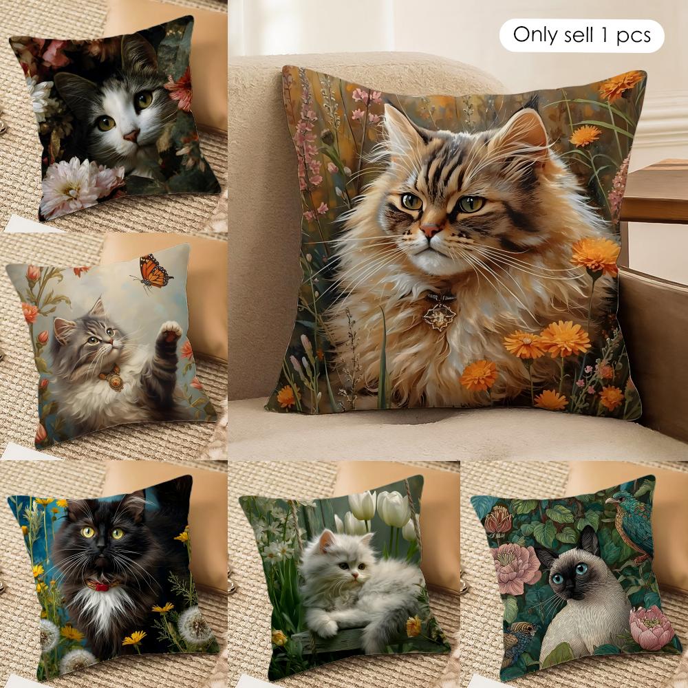 Cat and Flower Cushion Cover Soft Plush Fabric DoubleSided Printed Cushion Covers for All Seasons Home Decor