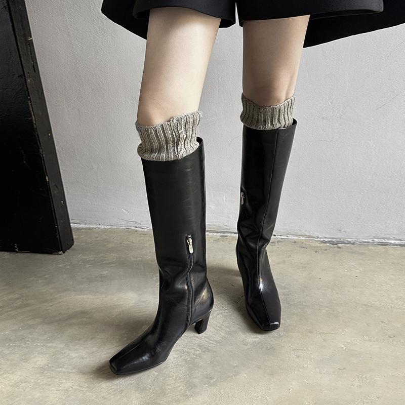Fashion 2025 New Square Toe Women Boots High Heels Knee-high Boots Split Leather Fashion Party Ladies Shoes Female Women Boots