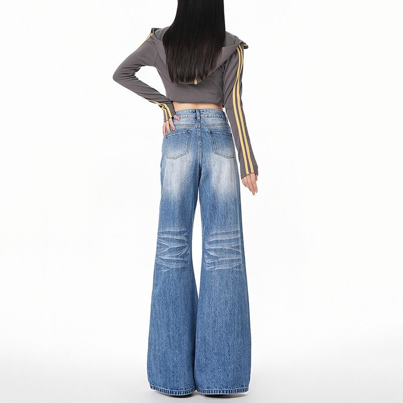 Vroege Lente Vintage Hoge Taille Y2K Relaxte Val Bodem Wijd Uitlopende Denim Broek Voor Vrouwen Casual Broek Oversized Denim Broek