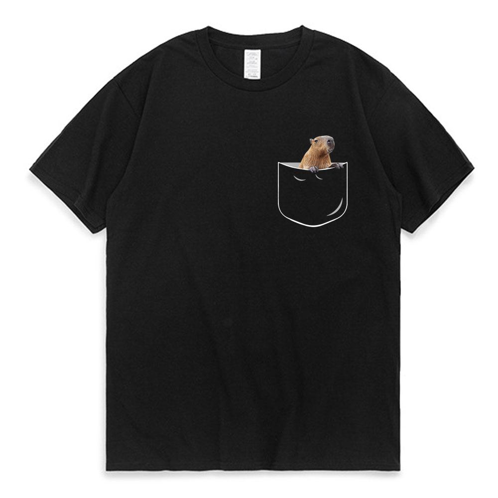 Camiseta divertida de Capybara con bolsillo, camisetas gráficas de Anime para hombres y mujeres, camisetas informales 100% de algodón con cuello redondo, camiseta de calle de gran tamaño