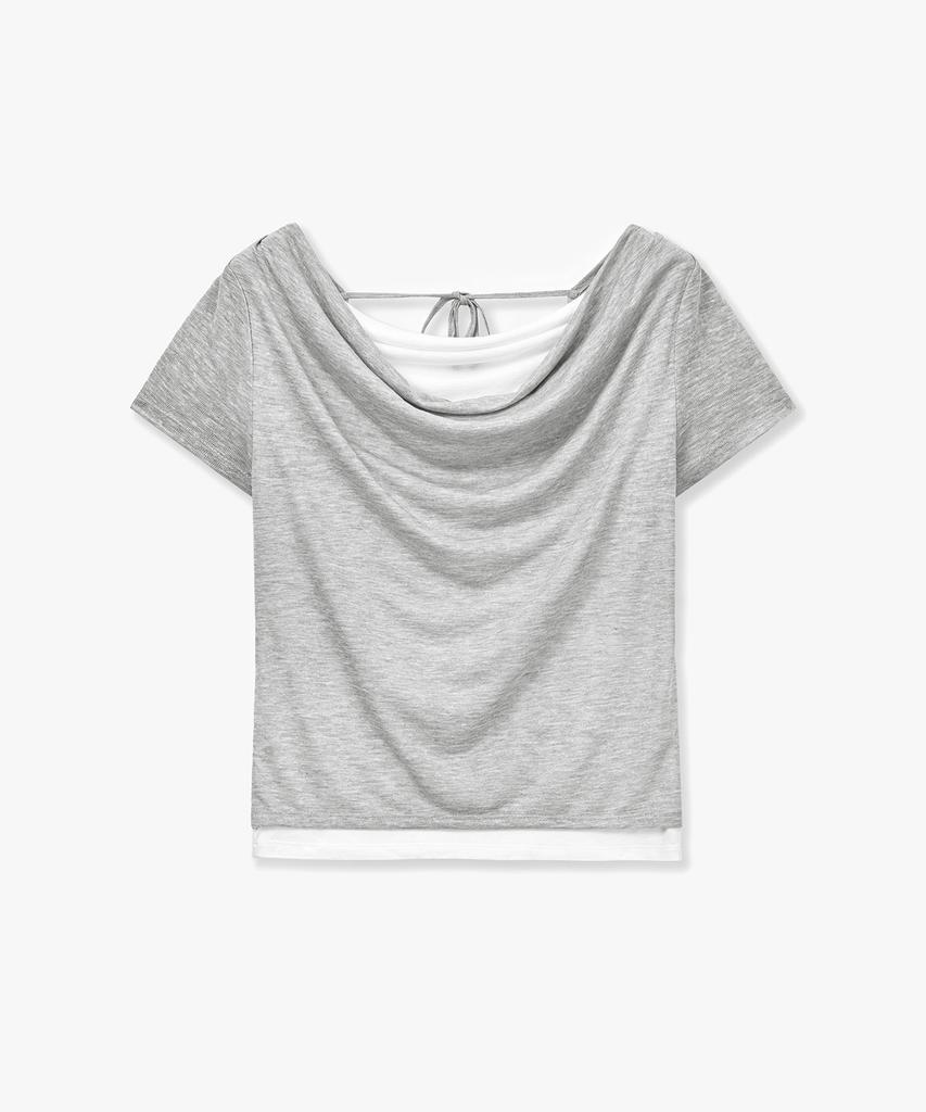 MONGDOL Drape Neck Layered Short Sleeve T-Shirt Gray Mdts094Gray