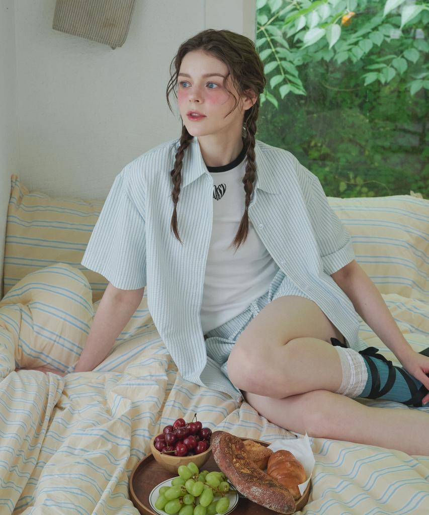 LOSSYROW Seersucker Stripe Shirt Blue