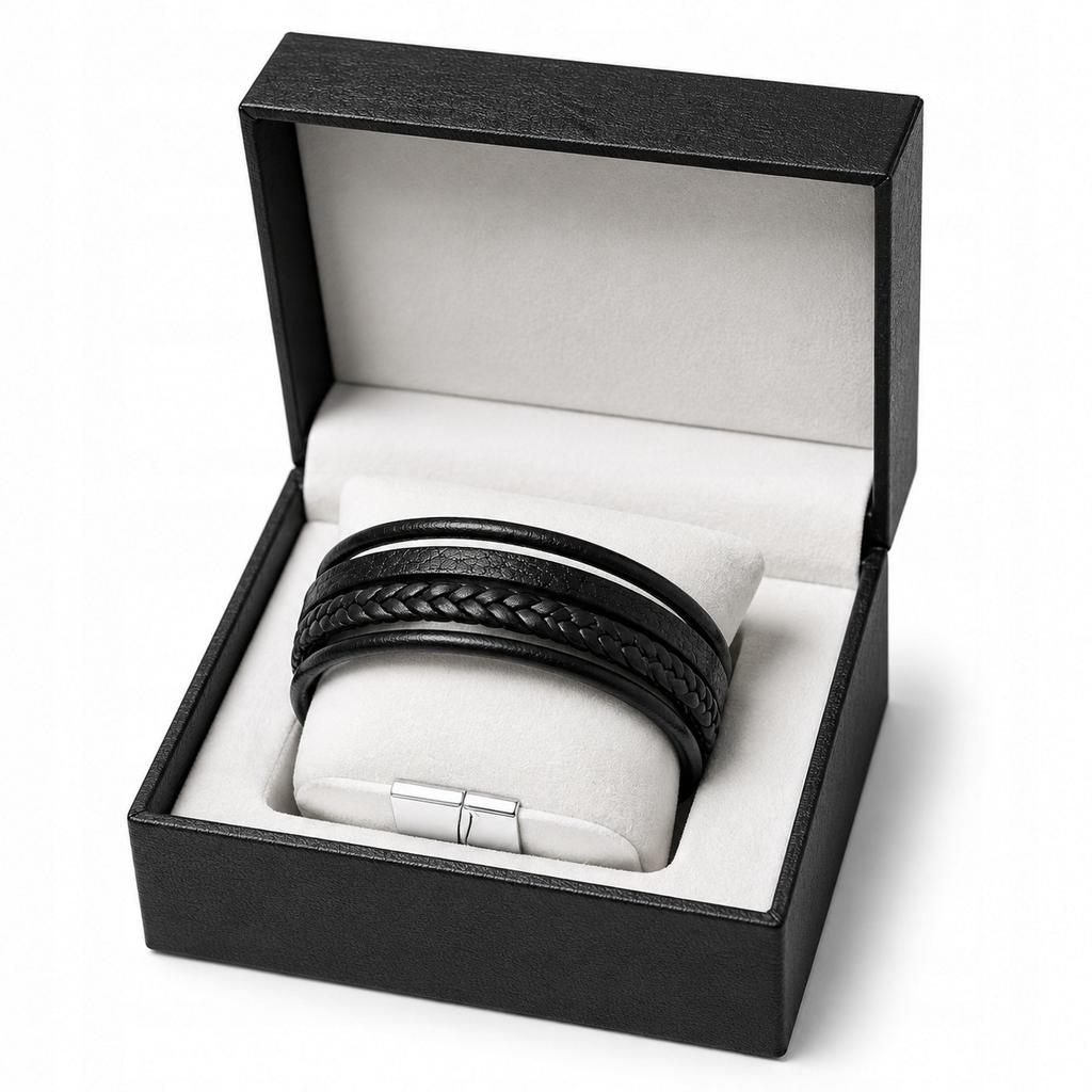 Men' Leather Bracelet Black Braided Adjustable Gift THICK