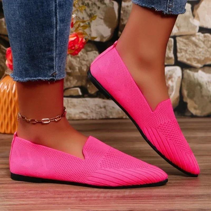 Women Flat Shoes Pointed Toe Solid Color Knitted Slip On Ladies Shoes Casual Breathable Ballet Women Flat Shoes Loafers Women