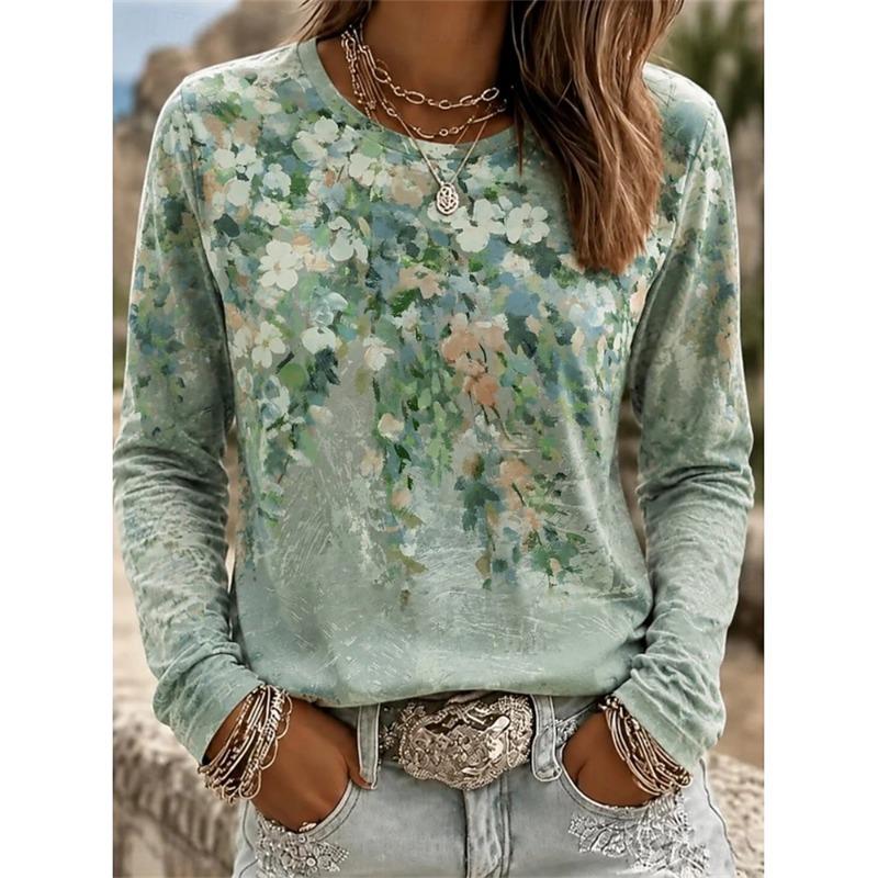 2026 Autumn New Women's Long-Sleeved Round Neck Casual T-Shirt with Colorful Floral Print Plant Elements Outdoor Chic Top