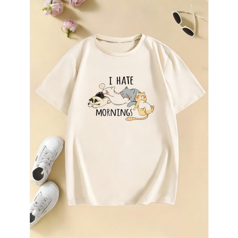 Kinder T-Shirt Sommer Frühling Kinder Ich hasse Morgen Süße Katze Aufdruck T-Shirt