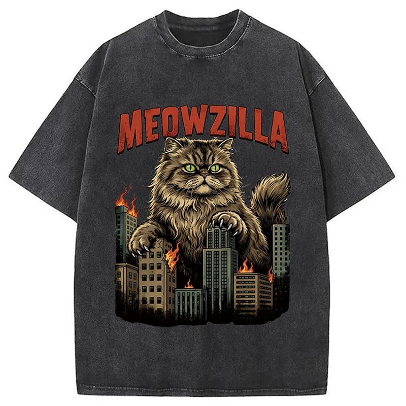 Men's Holiday Fashion Tees Harajuku Cat Attack Printed Washed Acid T-Shirt Unisex Casual Loose Short Sleeve Chic Tunic