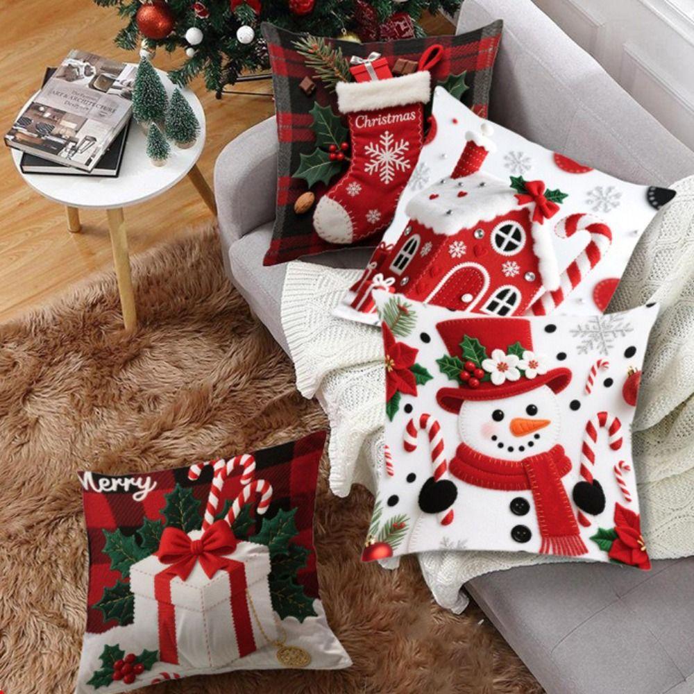 Christmas Cushion Cover Snowflake Christmas Tree Pattern Christmas Pillow Cover Santa Claus Cartoon Square Shape