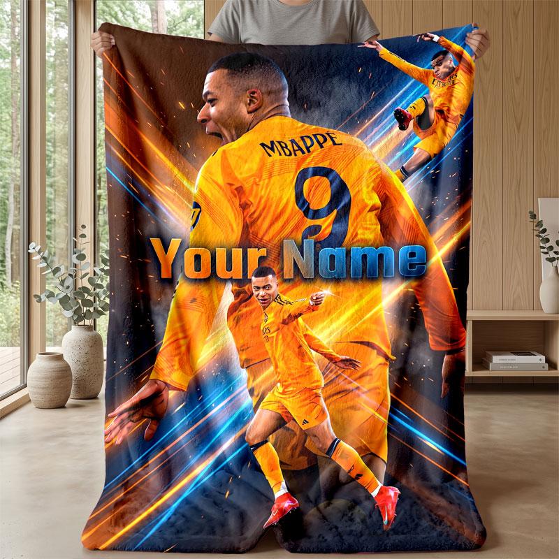 Kylian Mbappe Benutzerdefinierter Name Text Flanelldecke Fußball Logo Personalisierte Fleece-Wurfdecke Besonderes Geschenk für Sofa Schlafzimmer Zuhause