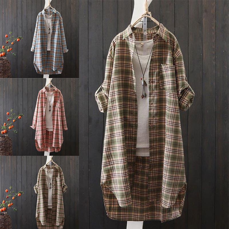2026 Plus Size Women's Plaid Shirt: Spring Summer Korean-Style Temperament, Loose Cotton Linen Thin Jacket, Hong Kong Style