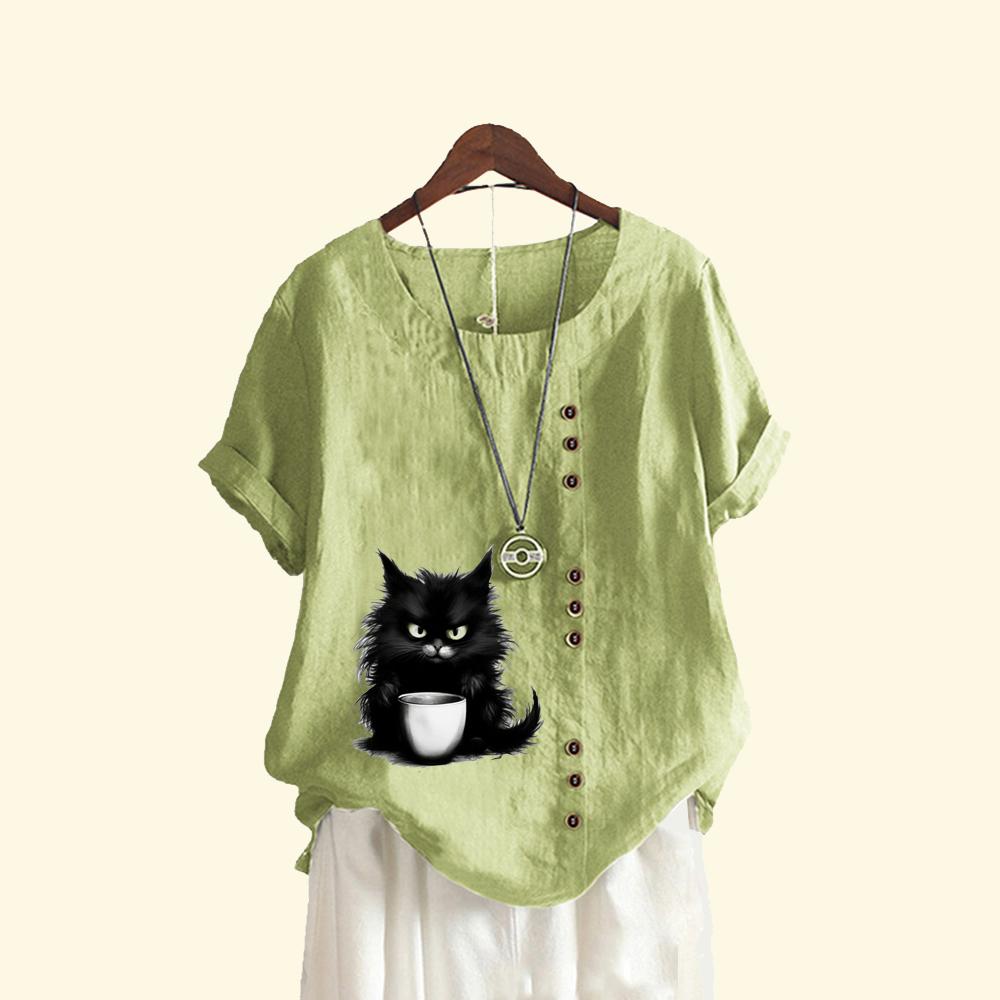 Ladies Pullover Loose Linen Blouse Women Casual Round Neck Cat Print Top Summer Fashion Short Sleeve T-shirt