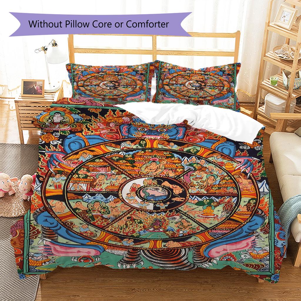 Buddhism Wheel Pattern Bedding Quilt Set Quilt Cover Pillowcase Home Decoration Gift (1 * Duvet Cover + 2 * Pillowcase, Without Core)