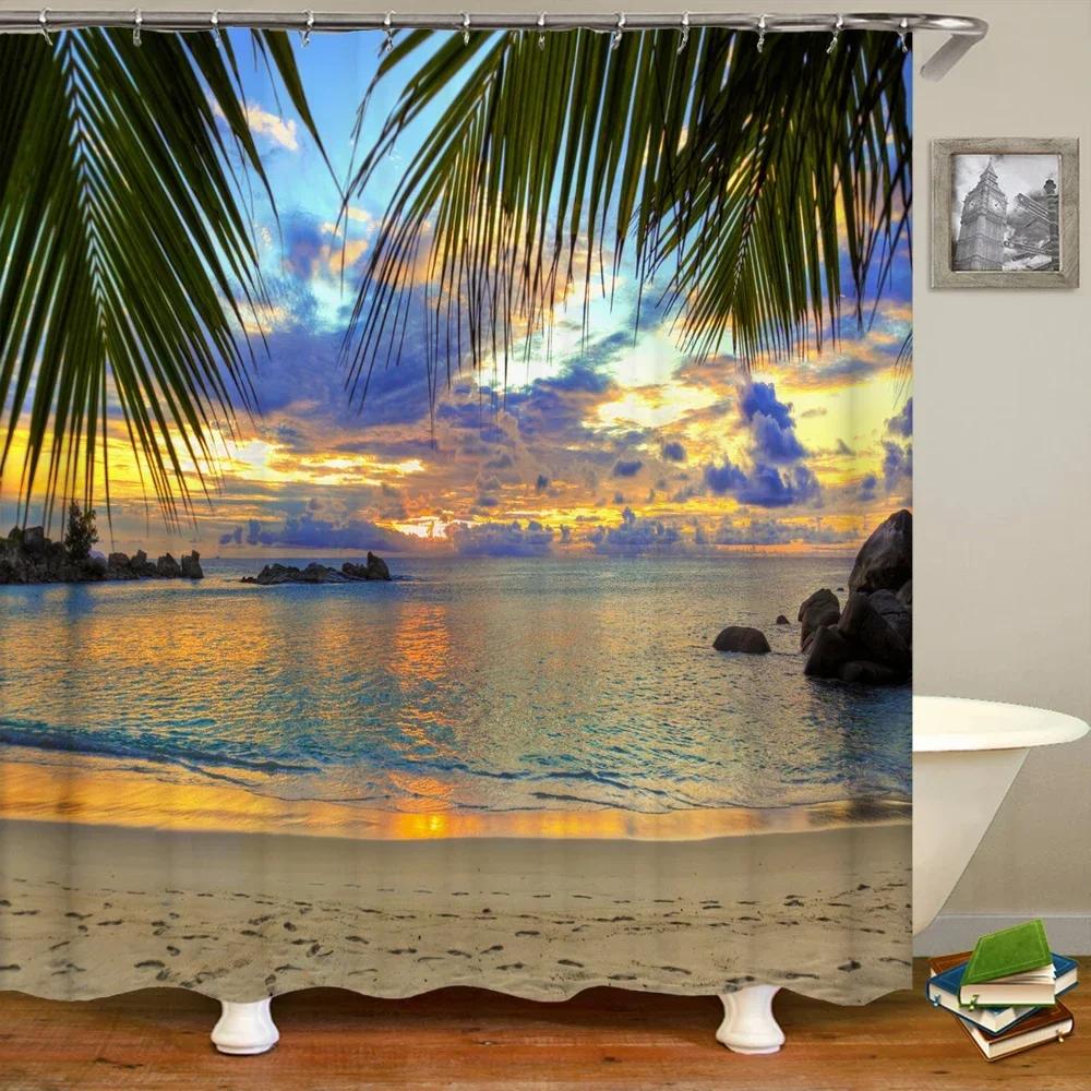 Waterproof Shower Curtain Various Sunshine Beach Scenery Seaside 3D Printing Shower Curtain Polyester Home Decor Curtain