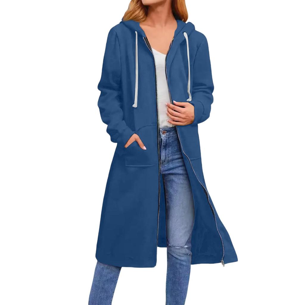 Women's Solid Color Fashionable Loose Zipper Long Cardigan Hooded Sweatshirt Jacket