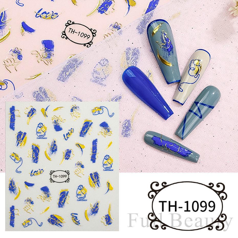 Autocollant 3D pour ongles, ligne ondulée dorée, marbre, géométrie bleue, fleurs abstraites, décalcomanies pour Nail Art, feuilles de décoration de manucure