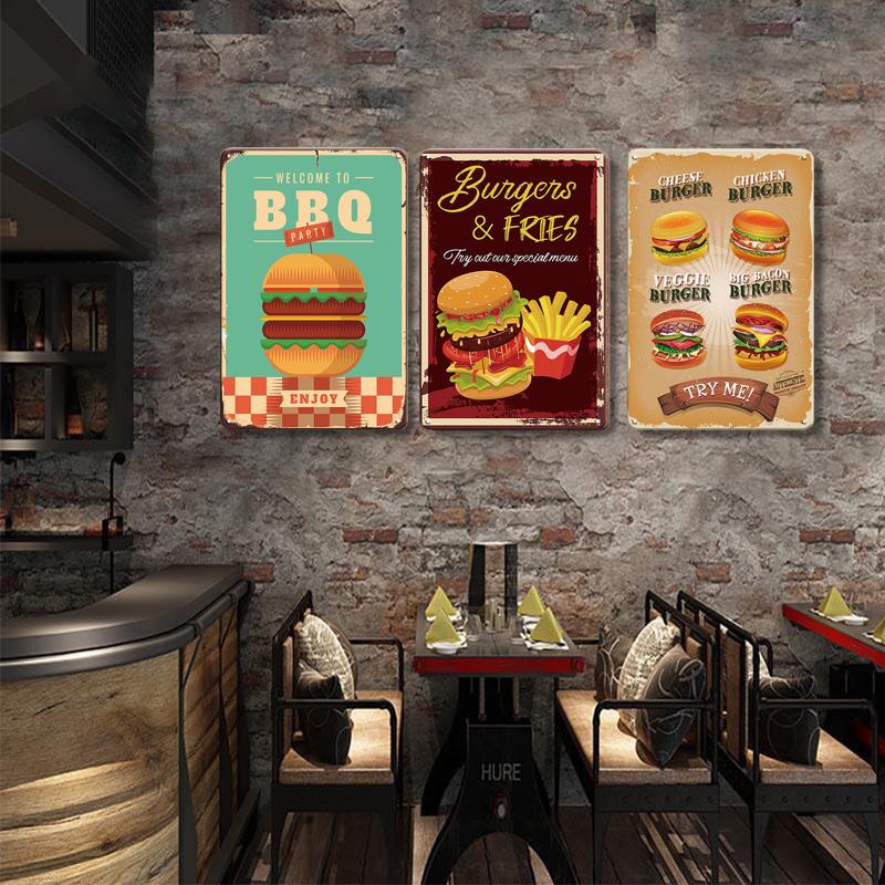 Hot Dog Frische Hamburger Metallblechschilder BBQ Vintage Poster Heimküche Wanddekor Eisenblechmalerei Fast-Food-Shop Schilder