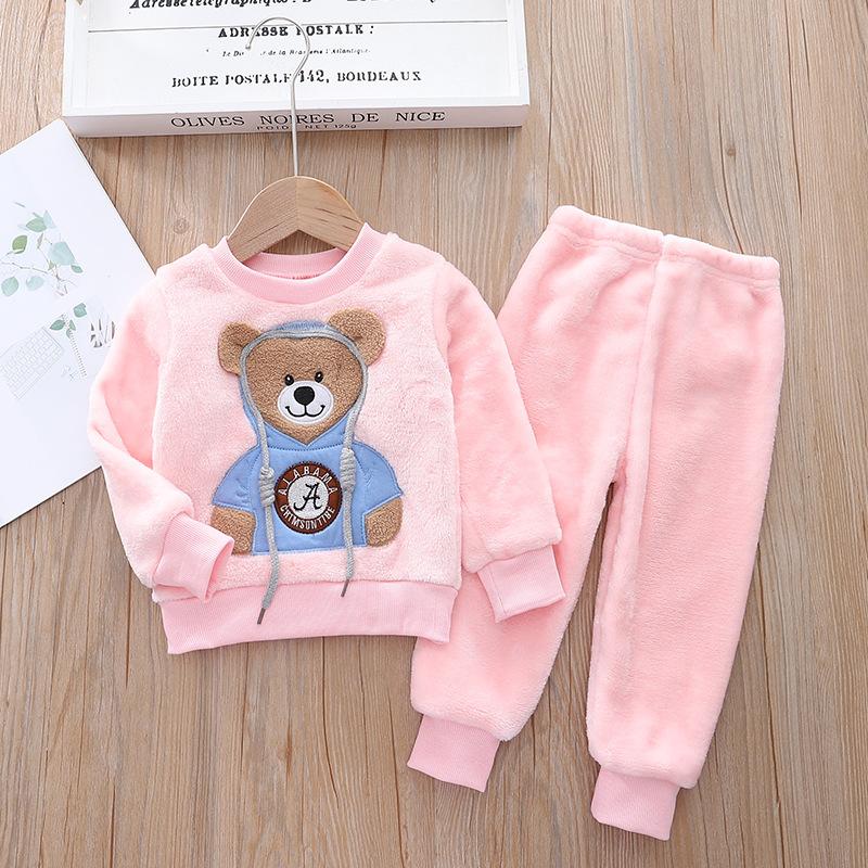 Toddler Baby Boys Clothes Autumn Winter Kids Flannel Pajamas Set Thick Warm Sweater Cartoon Cute Bear Two-piece Girls Suit Tracksuits