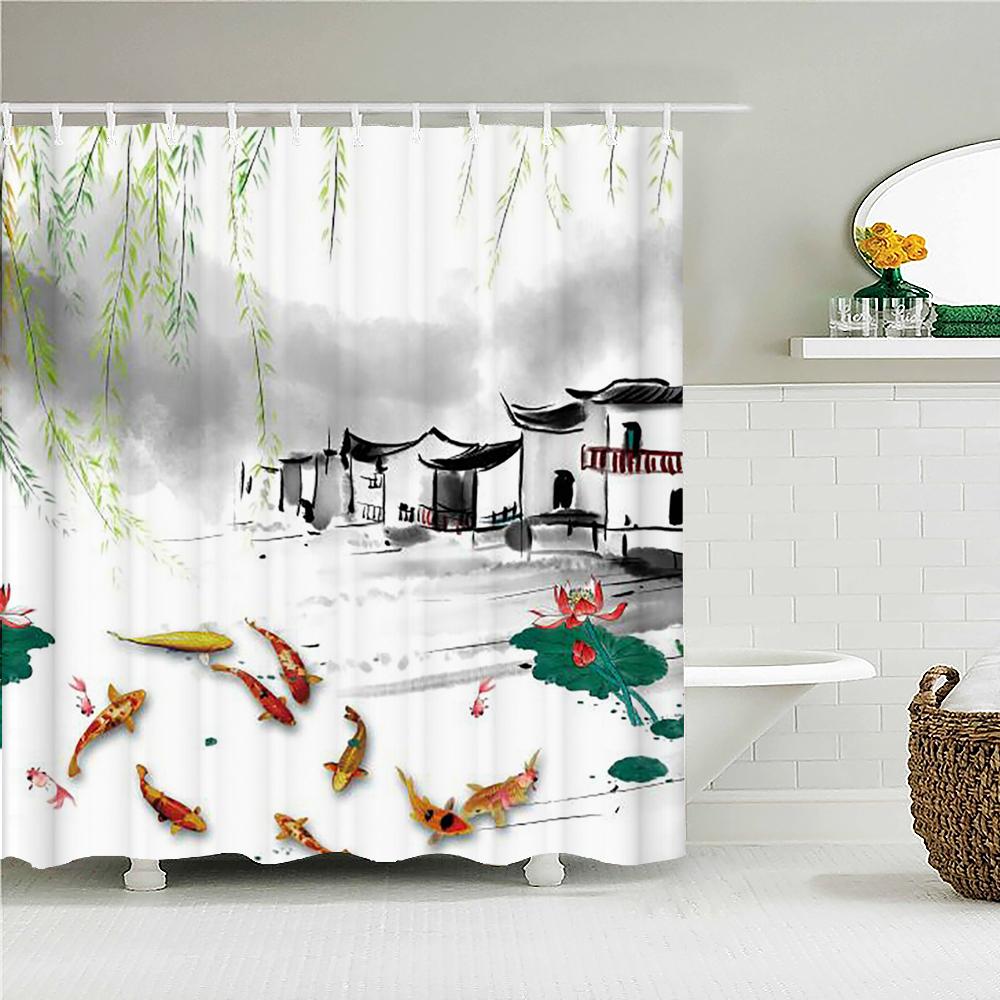 Japanese Sea Waves Koi Spray Fabric Shower Curtain Bathroom Curtains Plum Blossoms Mount Fuji Landscape Bath Screen Hooks Polyester Perfect For