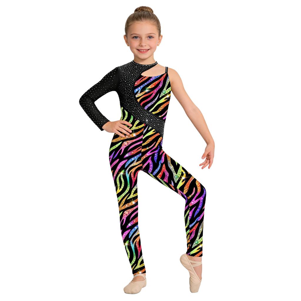 Children‘s Sparkly Rhinestone Printed Dance Leotard Asymmetrical Design Full Length Bodysuit for Gymnastics Stage Competition