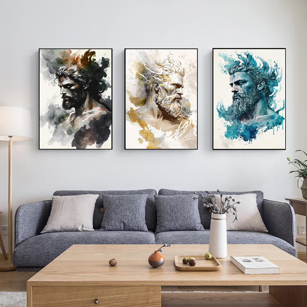 Set of 3 Prints Greek Gods Zeus Hades Poseidon Odin Thor Mythology Poster Abstract Neutral Watercolor Graffiti Canvas Painting Wall Art Home Decor