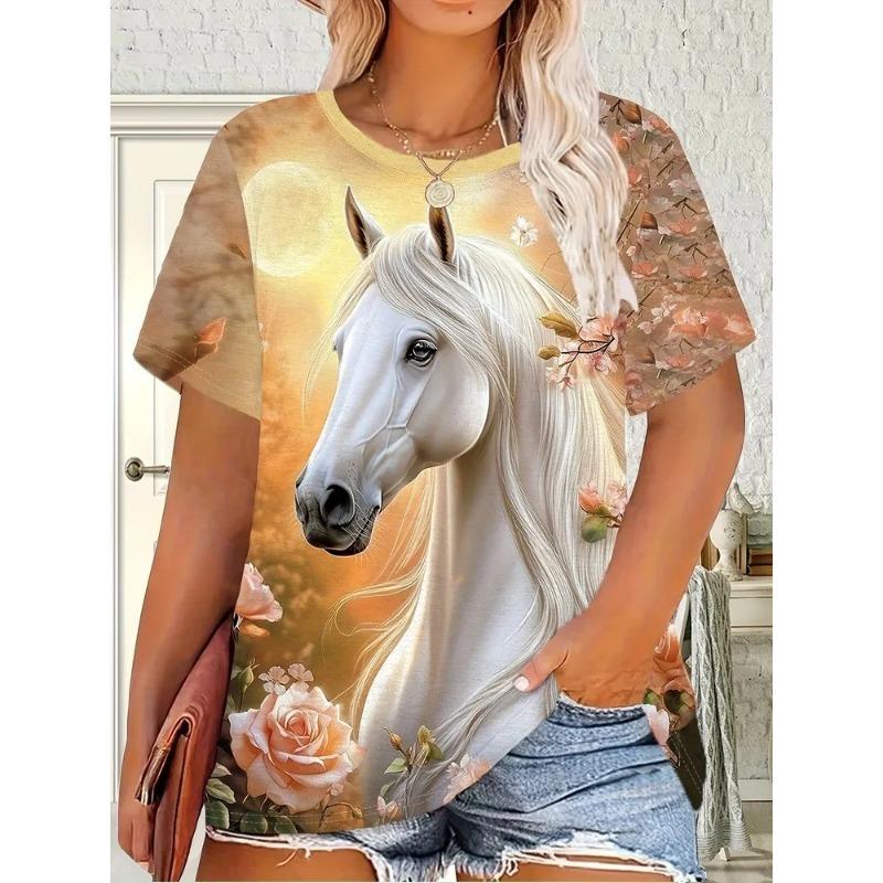Fashion Animal Horse Print Short Sleeve Crew Neck Top Casual Loose T-Shirts Women’s