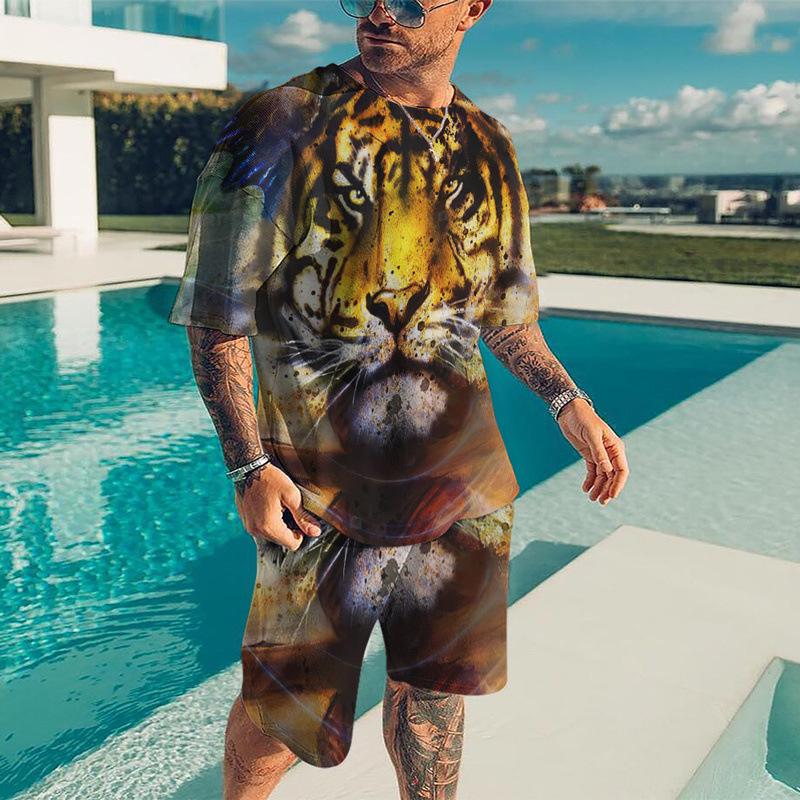 Meeste T-särkide komplektid Animal Tiger 3D Prindiga Loomade dressid T-särgid Lühikesed püksid 2 tükki Tänavarõivad Suured meeste ülikonnad Spordirõivad