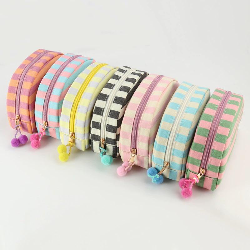 Personalized Embroidered Striped Pompon Cosmetic Bag Canvas Travel Toiletry Bag Shell Large-capacity Portable Outing