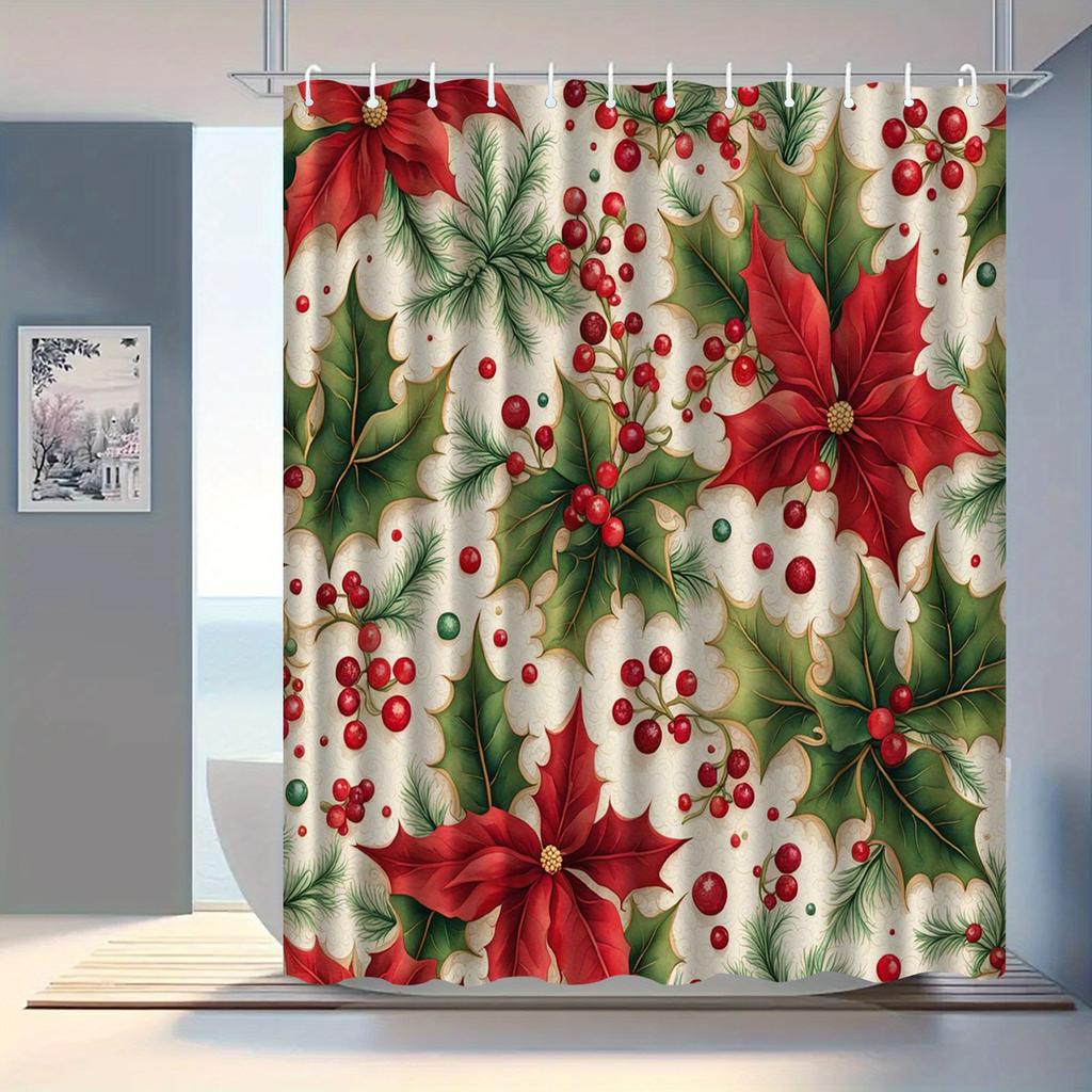 GAERed Weihnachtsstern & Grünes Blatt Feiertags-Duschvorhang mit Haken - Maschinenwaschbarer Polyester Badezimmerdekor, Weihnachten Winter