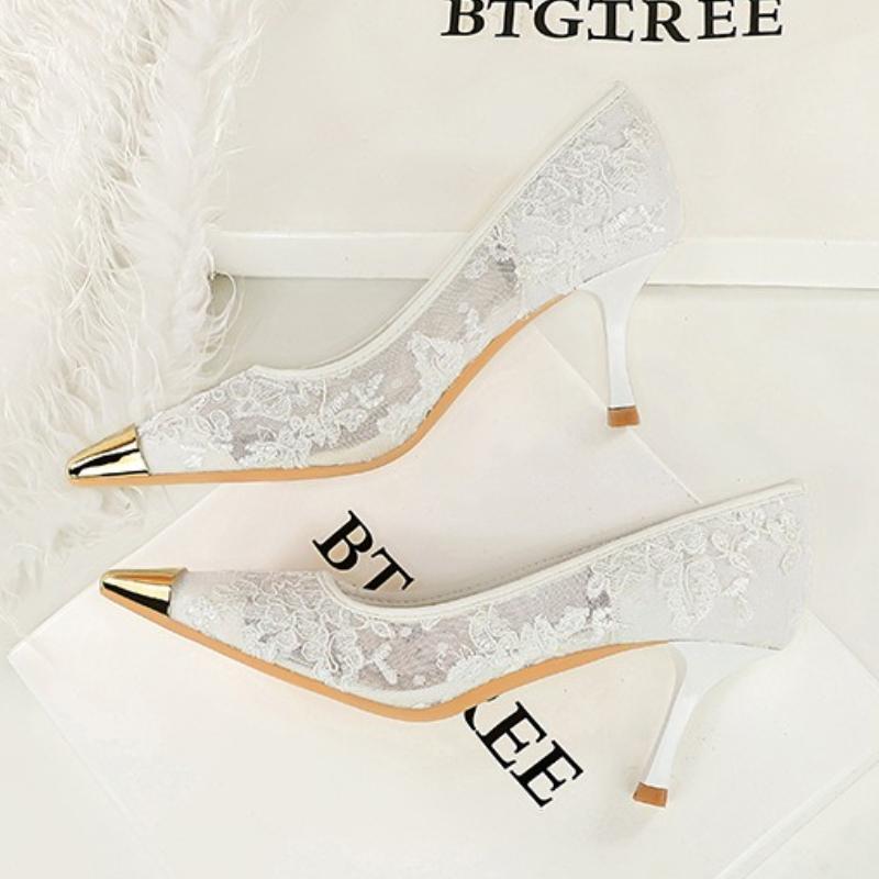 Mode Été Femmes Sexy Talons Hauts 7cm Sandales en Maille Escarpins Bourgogne Dame Dentelle Respirant Escarpins Bureau Fête Stripteaseuse Fétich Chaussures
